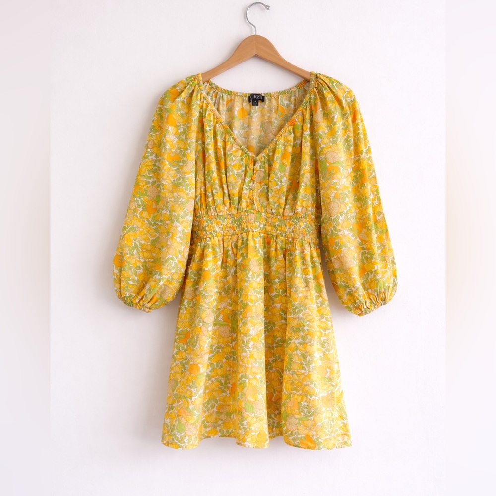 J.Crew Limone Print V-Neck Cotton Lawn‎ Mini Dress Smocked SIZE M